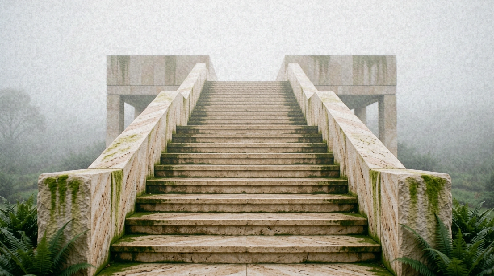 Minimalistische Architektur in morgendlichem Nebel